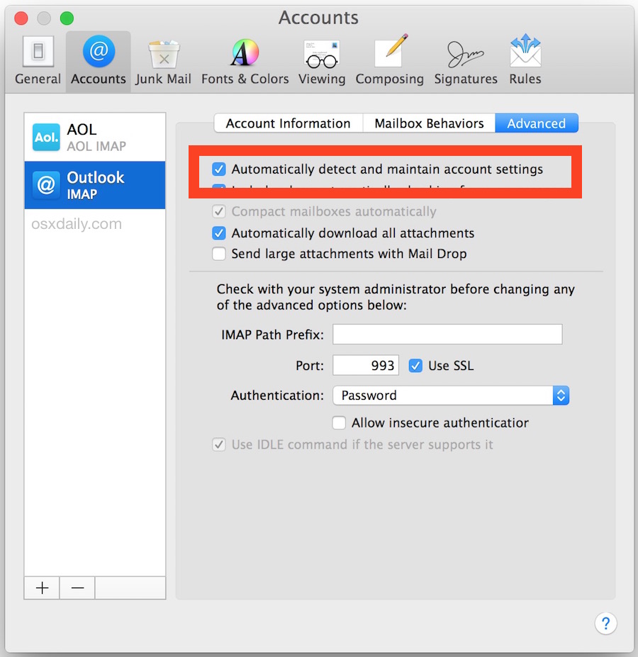 server connection status not connected outlook for mac 2011 imap